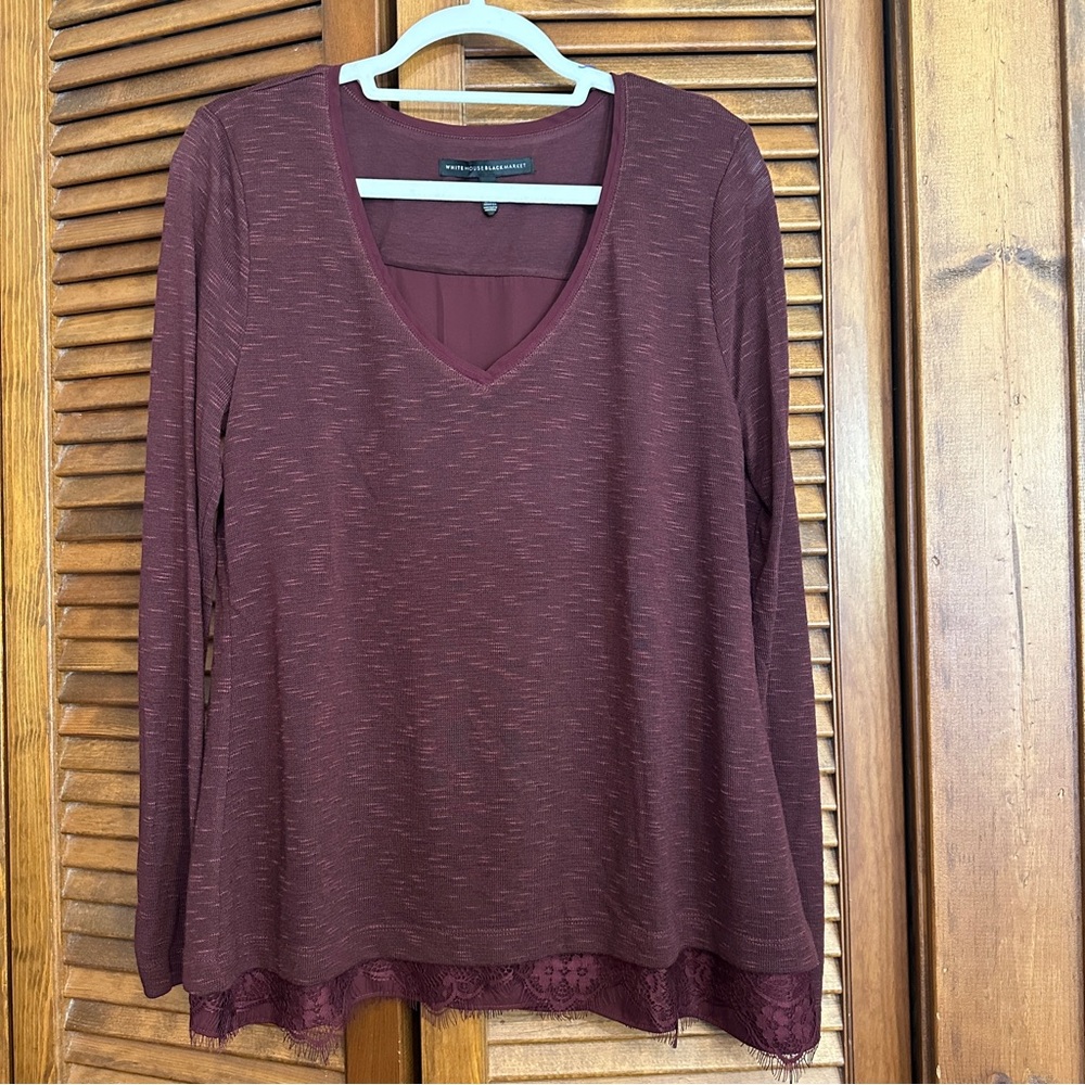 EUC WHBM heather burgundy long sleeve layered tunic top, split back, lace trim L